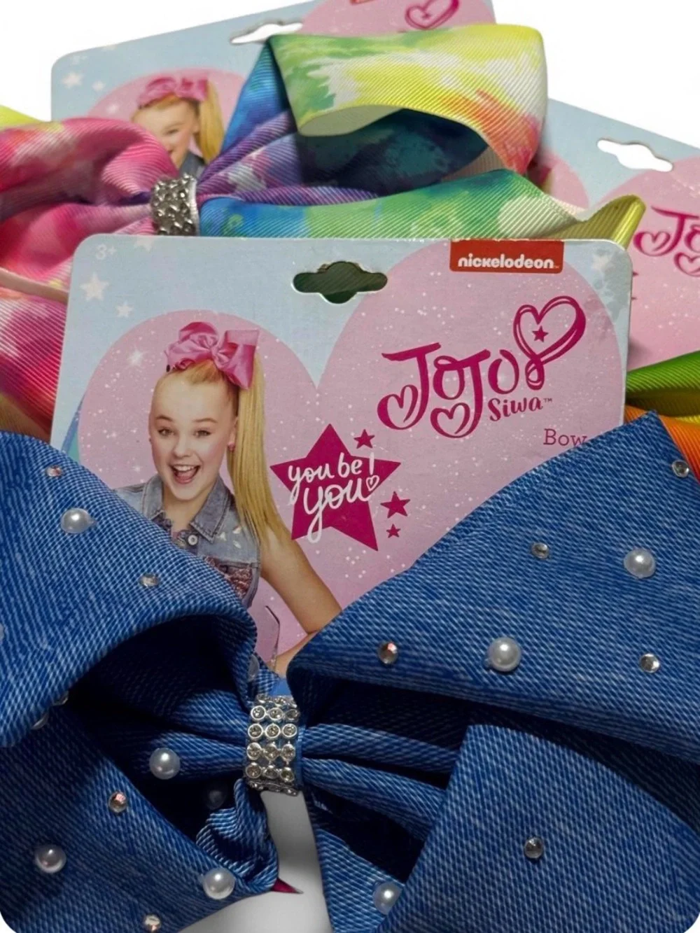 NWT JoJo Siwa Girls CuteHair Bow Rainbow Tie Dye Denim Pearl Nickelodeon 3 LOT